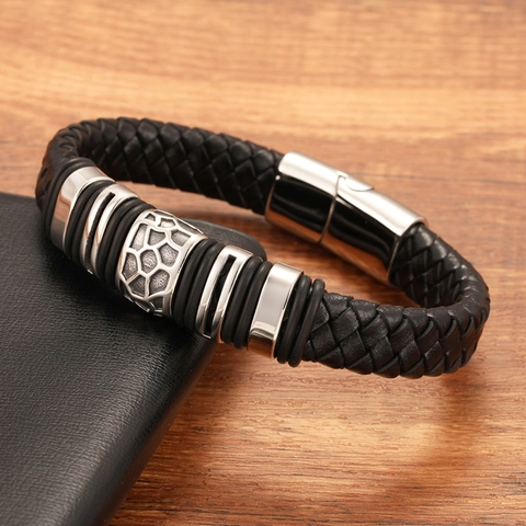 Men Woven Leather Bracelet With 316L Stainless Steel Magnetic Clasp Punk Vintage Honeycomb Pattern Geometric Charm Jewelry