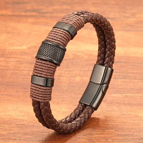 Handmade Double Layer Braided Leather Bracelet For Men Stainless Steel Magnetic Clasp Punk Geometric Wristband Jewelry Gift