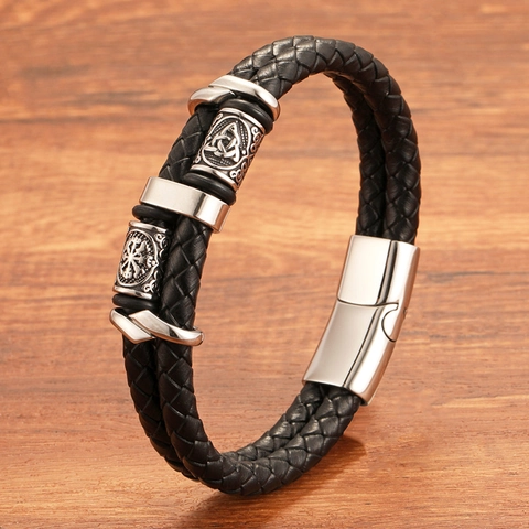 Men Viking Braided Leather Bracelet 316L Stainless Steel Vegvisir Celtic Knot Charm Double Strand Magnetic Clasp Punk Jewelry