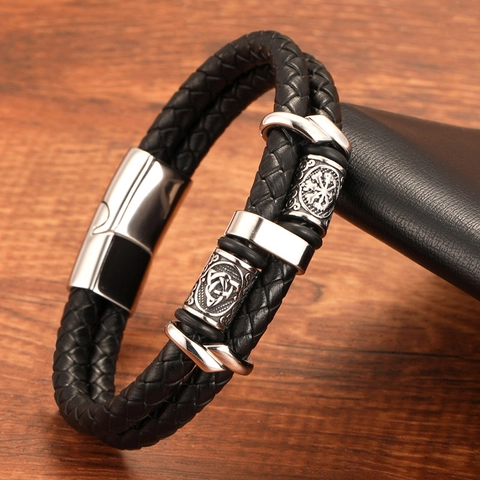 Men Viking Braided Leather Bracelet 316L Stainless Steel Vegvisir Celtic Knot Charm Double Strand Magnetic Clasp Punk Jewelry