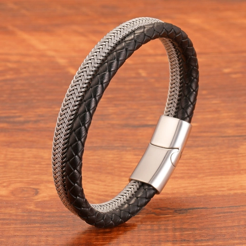 Bracciale da Uomo a Doppio Strato in Pelle Intrecciata Gioielli in Corda d'Acciaio Minimalista Moda Hip Hop Chiusura Magnetica Accessori