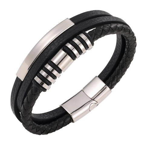Men's Multi-Layer Braided Leather Bracelet With Stainless Steel Magnetic Clasp Punk Industrial Casual Wristband Jewelry For Daily Wear