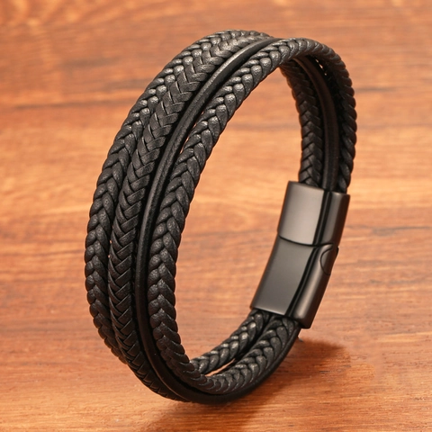 Men Multilayer Braided Leather Bracelet Stainless Steel Magnetic Clasp Fashion Handwoven Wrap Wristband Jewelry Accessory