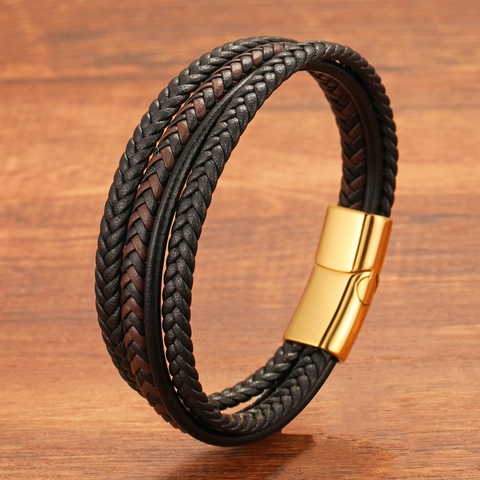 Men Multilayer Braided Leather Bracelet Stainless Steel Magnetic Clasp Fashion Handwoven Wrap Wristband Jewelry Accessory