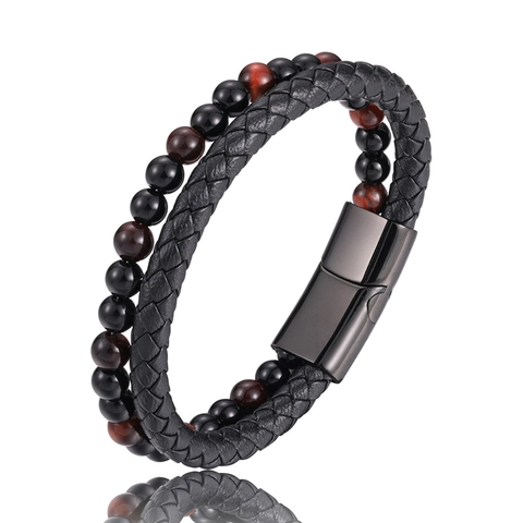 Herren Zweischichtiges Geflochtenes Leder Naturstein Armband Magnetverschluss Tigerauge Lapislazuli Lava Perlen Armreif Schmuck