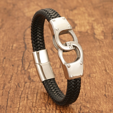 Punk Stil Handschellen Armband Für Herren Geflochtenes Echtes Leder Titanstahl Schmuck Hochwertiges Herren Armreif Geschenk