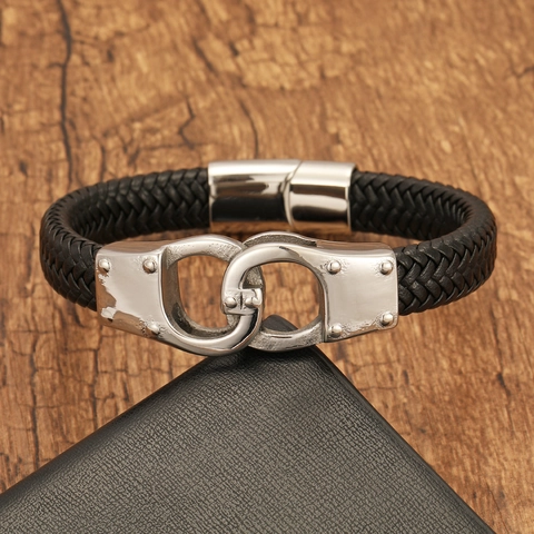 Punk Stil Handschellen Armband Für Herren Geflochtenes Echtes Leder Titanstahl Schmuck Hochwertiges Herren Armreif Geschenk