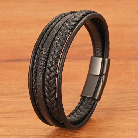 Men Multi-Layer Hand-Woven Leather Bracelet Stainless Steel Magnetic Clasp Braided Wrap Bangle European Fashion Jewelry