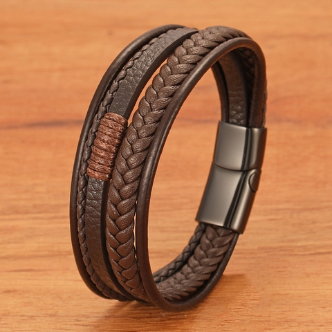 Men Multi-Layer Hand-Woven Leather Bracelet Stainless Steel Magnetic Clasp Braided Wrap Bangle European Fashion Jewelry