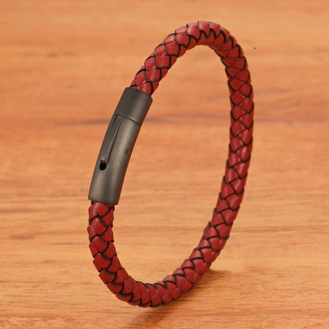 Minimalist Woven Leather Bracelet For Men Women Handmade Braided Cord Genuine Leather Bangle With Matte Black Magnetic Clasp Retro Fashion Jewelry