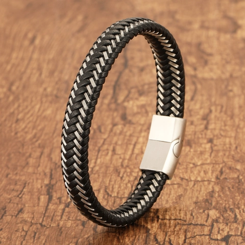 Pulsera de Cuero Artificial Trenzado para Hombre Alambre de Acero Inoxidable Cierre Magnético Pulsera Geométrica Joyería