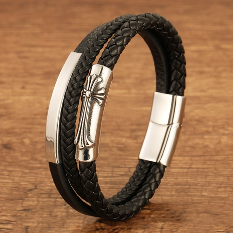 Men Retro Multi-Layer Braided Leather Bracelet Stainless Steel Gothic Cross Charm Magnetic Clasp Punk Style Hand-Woven Jewelry