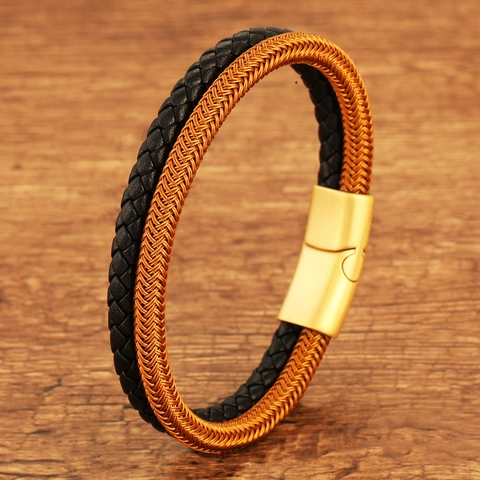 Pulsera Minimalista de Cuero para Hombre Cuerda de Alambre de Acero Trenzada Cierre Magnético Joyería de Regalo