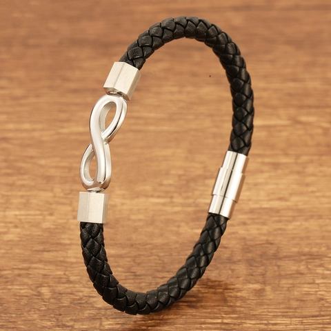 Men's Braided Leather Bracelet Stainless Steel Infinity Symbol Charm Cuff Bangle Magnetic Clasp Hip Hop Jewelry Accessory
