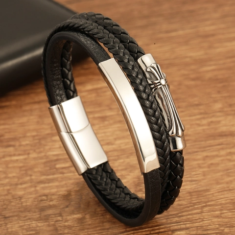 Men Retro Multi-Layer Braided Leather Bracelet Stainless Steel Gothic Cross Charm Magnetic Clasp Punk Style Hand-Woven Jewelry