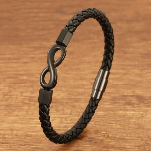Men's Braided Leather Bracelet Stainless Steel Infinity Symbol Charm Cuff Bangle Magnetic Clasp Hip Hop Jewelry Accessory