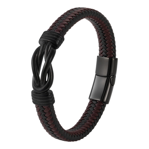 Men Retro Punk Woven Leather Bracelet Stainless Steel Electroplated Infinity Symbol Black Brown Blue Red Braided Jewelry