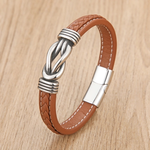 Handmade Braided Leather Bracelet For Men Minimalist Stainless Steel Magnetic Clasp Knot Bangle Hip Hop Jewelry Gift Accessary