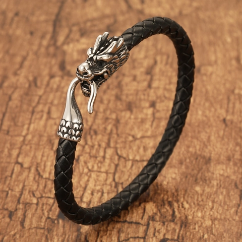 Men's Vintage Punk Dragon Head Braided Leather Bracelet Stainless Steel Dragon Bangle Retro Zodiac Hand Jewelry Wrist Decor Gift