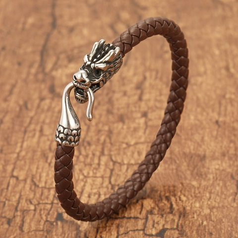 Men's Vintage Punk Dragon Head Braided Leather Bracelet Stainless Steel Dragon Bangle Retro Zodiac Hand Jewelry Wrist Decor Gift