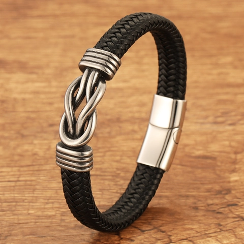 Men Retro Hand-Woven Leather Bracelet Stainless Steel Infinity Knot Magnetic Clasp Braided Wristband Casual Fashion Jewelry