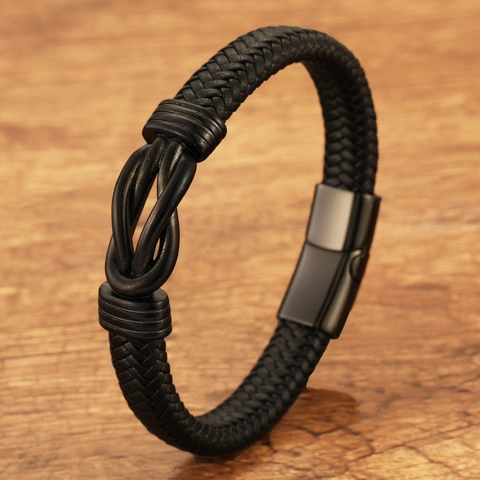 Men Retro Hand-Woven Leather Bracelet Stainless Steel Infinity Knot Magnetic Clasp Braided Wristband Casual Fashion Jewelry