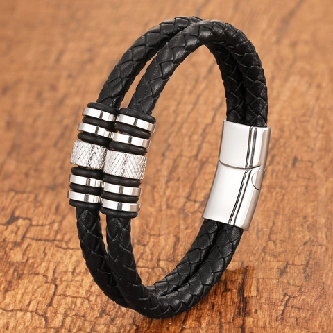 Bracciale in Pelle Intrecciata a Doppio Strato da Uomo Con Chiusura Magnetica in Acciaio Inossidabile Gioielli di Moda Urban Style