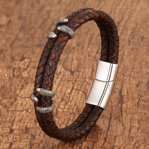 Vintage Braided Leather Dragon Claw Bracelet For Men Women Double Strand Magnetic Clasp Punk Style Hand Jewelry