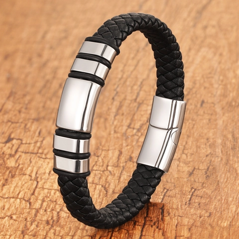 Modern Men Braided Leather Bracelet With Stainless Steel Magnetic Clasp Fashion Hand Woven Multi Layer Jewelry Gift
