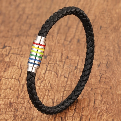 Titanium Steel Braided Leather Rainbow Magnet Buckle Bracelet Pride Jewelry Unisex Casual Fashion Hand Chain Accessory