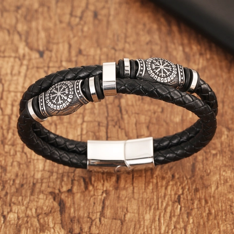 Heren Vintage Viking Vegvisir Kompas Gevlochten Leren Armband Roestvrij Staal Magneetsluiting Noorse Runen Hip Hop Sieraden