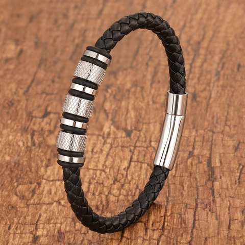 Men Braided Leather Bracelet With Stainless Steel Knurled Beads Magnetic Clasp Fashion Industrial Style Jewelry Gift