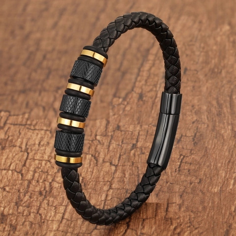 Men Braided Leather Bracelet With Stainless Steel Knurled Beads Magnetic Clasp Fashion Industrial Style Jewelry Gift