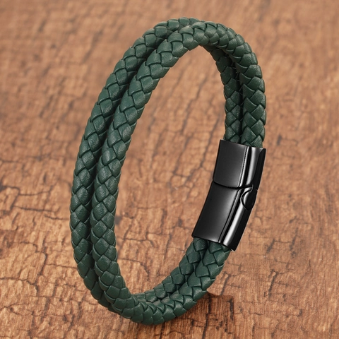 Double Layer Braided Leather Bracelet With Stainless Steel Magnetic Clasp Casual Minimalist Handwoven Wristband For Men Women