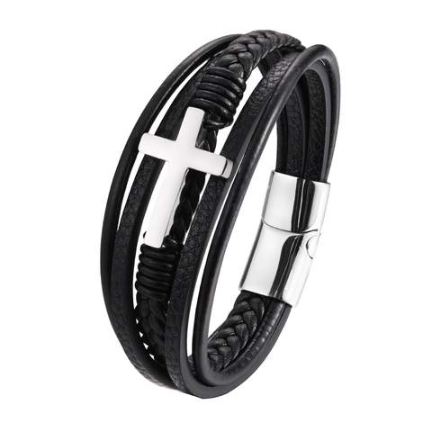 Men's Vintage Multi-layer Leather Bracelet With Stainless Steel Cross Magnetic Clasp Braided Cord Punk Rock Jewelry