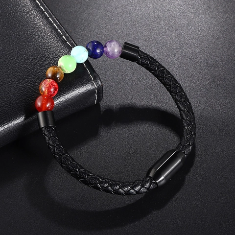 Pulsera de Cuero Trenzado con Piedras de 7 Chakra y Cierre Magnético de Acero de Titanio Cuentas de Yoga para Hombre Mujer