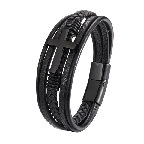 Men's Vintage Multi-layer Leather Bracelet With Stainless Steel Cross Magnetic Clasp Braided Cord Punk Rock Jewelry