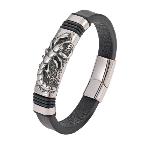 Men's Punk Leather Stainless Steel Bracelet Vintage Animal Scorpion Dragon Skull Eagle Spider Snake Motif Bangle Wristband Jewelry