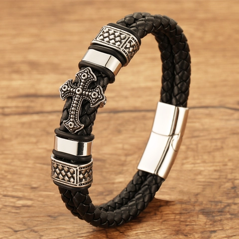 Retro Men Braided Leather Bracelet Stainless Steel Cross Vintage Religious Magnetic Buckle Black Red Biker Bracelet For Him