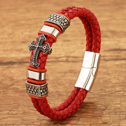 Retro Men Braided Leather Bracelet Stainless Steel Cross Vintage Religious Magnetic Buckle Black Red Biker Bracelet For Him