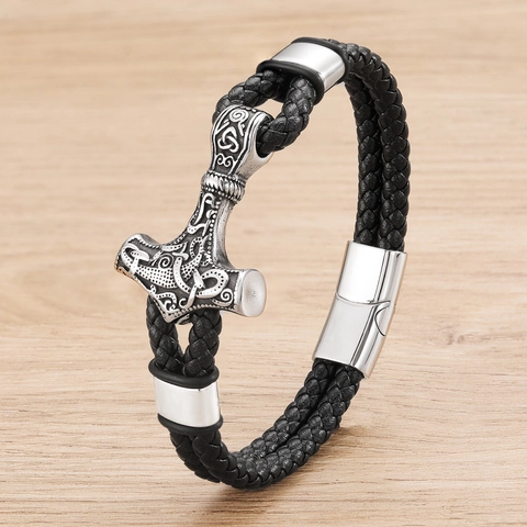 Viking Thor's Hammer Mjolnir Braided Leather Bracelet Stainless Steel Magnetic Clasp Nordic Celtic Jewelry For Men Gift