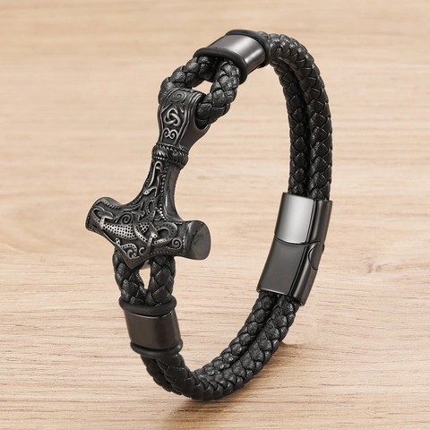 Viking Thor's Hammer Mjolnir Braided Leather Bracelet Stainless Steel Magnetic Clasp Nordic Celtic Jewelry For Men Gift