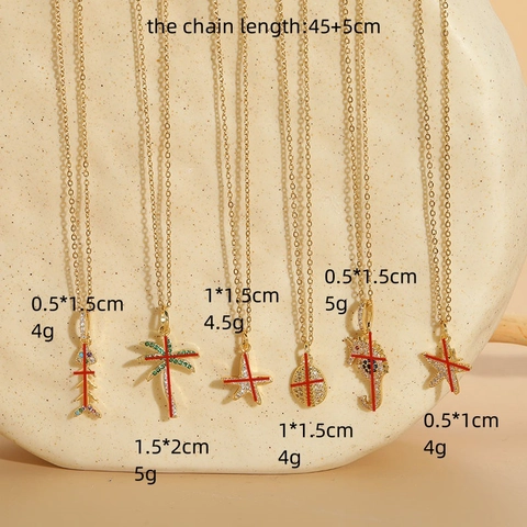 14K Gold Plated Copper Zirconia Ocean Pendant Necklace Seahorse Starfish Shell Coconut Tree Fish Bone Beach Jewelry For Women