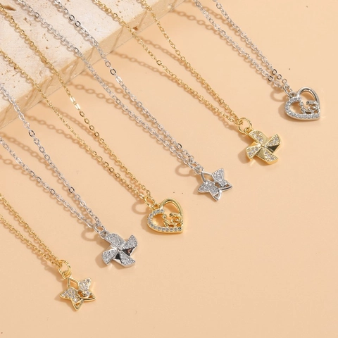 Fashion Zirconia Star Rotating Windmill Heart Pendant Necklace For Women 14K Gold Silver Plated Copper Jewelry Accessory Gift