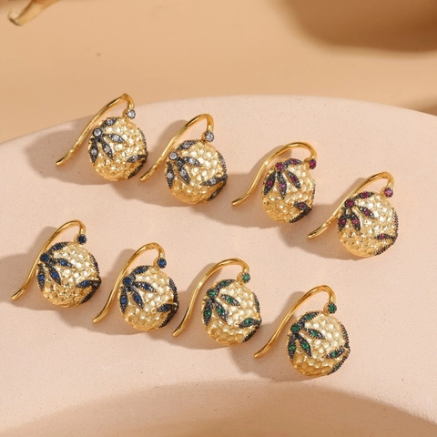 Vintage 14K Gold Plated Copper Hammered Ball Drop Earrings Colorful Zircon Leaf Pattern For Women Wedding Banquet Jewelry