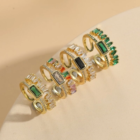 Elegante Anello Aperto in Zirconia Rettangolare Rame Placcato Oro 14K Anello Regolabile Gioielli Moda Lusso Leggero Donna