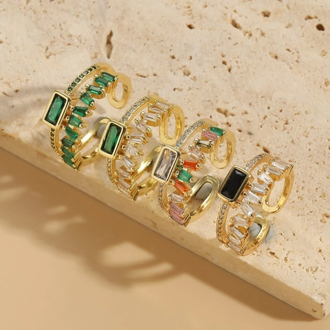 Elegante Anello Aperto in Zirconia Rettangolare Rame Placcato Oro 14K Anello Regolabile Gioielli Moda Lusso Leggero Donna