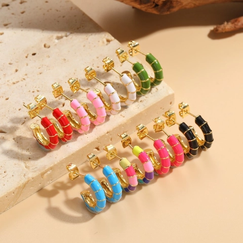 14K Gold Plated Copper Bamboo Joint Enamel C-Shaped Hoop Earrings For Women Colorful Zircon Drip Oil Fashion Jewelry