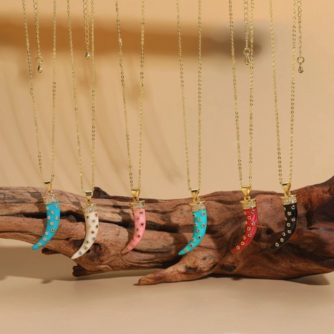 Böhmische Emaille Horn Anhänger Halskette Bunte Zirkonia Kupfer Vergoldet Lange Kette Schmuck Für Damen Party Geschenk