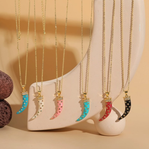 Böhmische Emaille Horn Anhänger Halskette Bunte Zirkonia Kupfer Vergoldet Lange Kette Schmuck Für Damen Party Geschenk